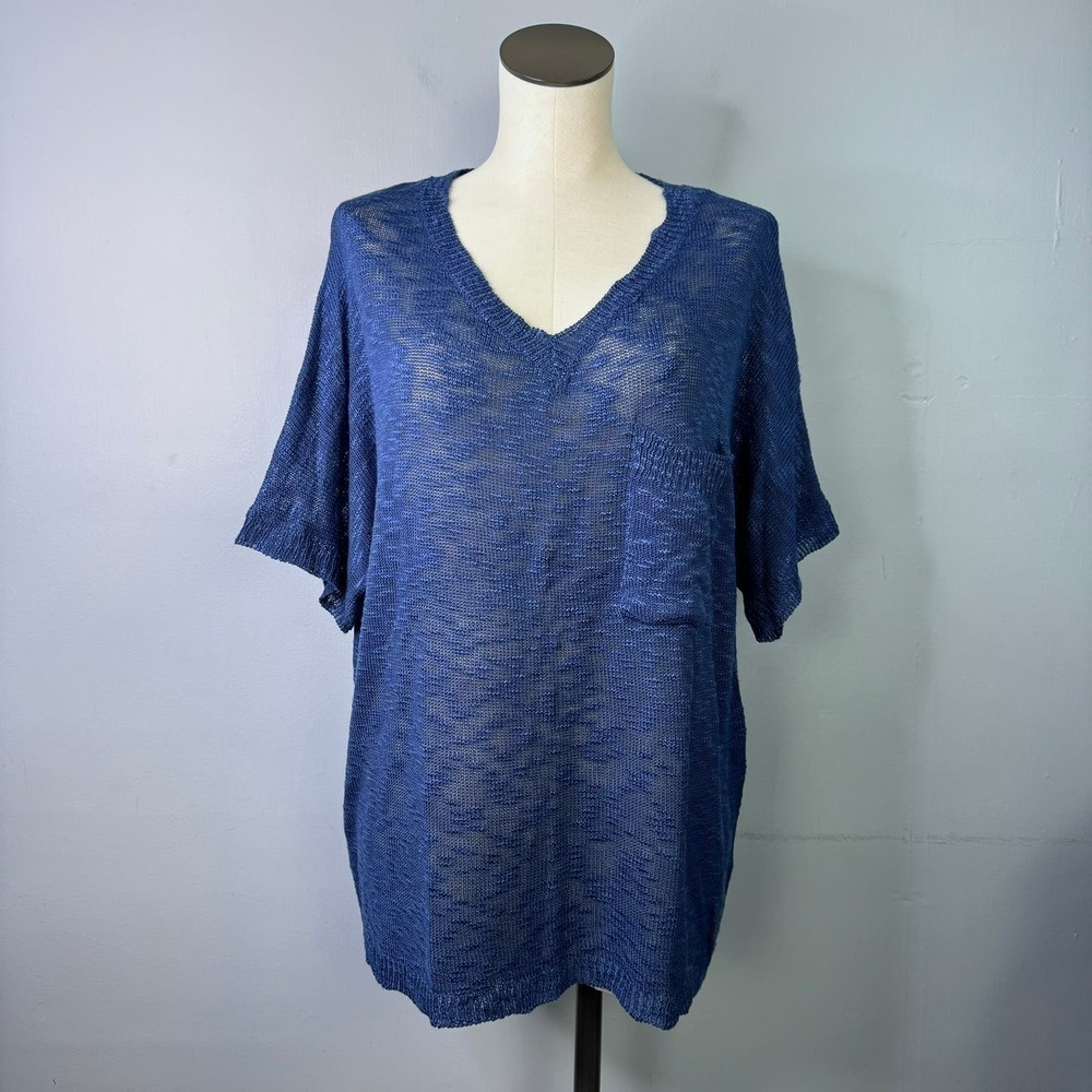 143Story by Line Up Midnight Blue Slub Knit V-Neck Short Sleeve Sweater Size L